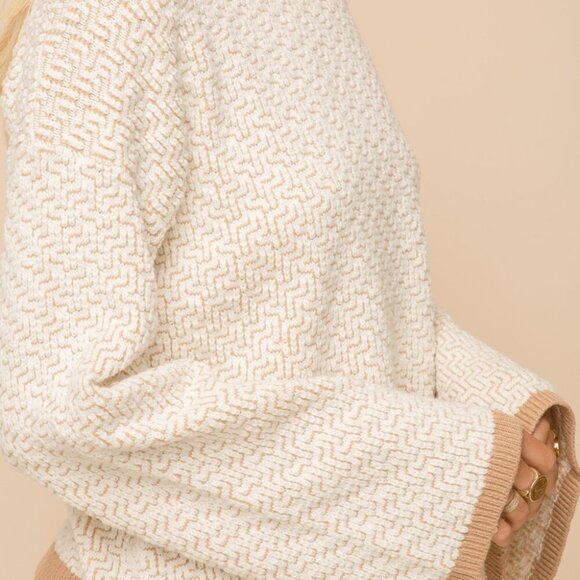 HEM & THREAD Chic Textured Knit Sweater, Cream Beige, Cozy Neutral Pullover - Picture 4 of 4